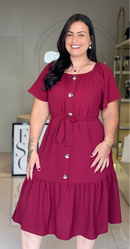VESTIDO MIDI BORDÔ COM BOTÕES E CINTO FAIXA