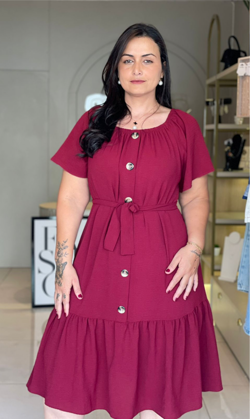 VESTIDO MIDI BORDÔ COM BOTÕES E CINTO FAIXA