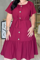 VESTIDO MIDI BORDÔ COM BOTÕES E CINTO FAIXA