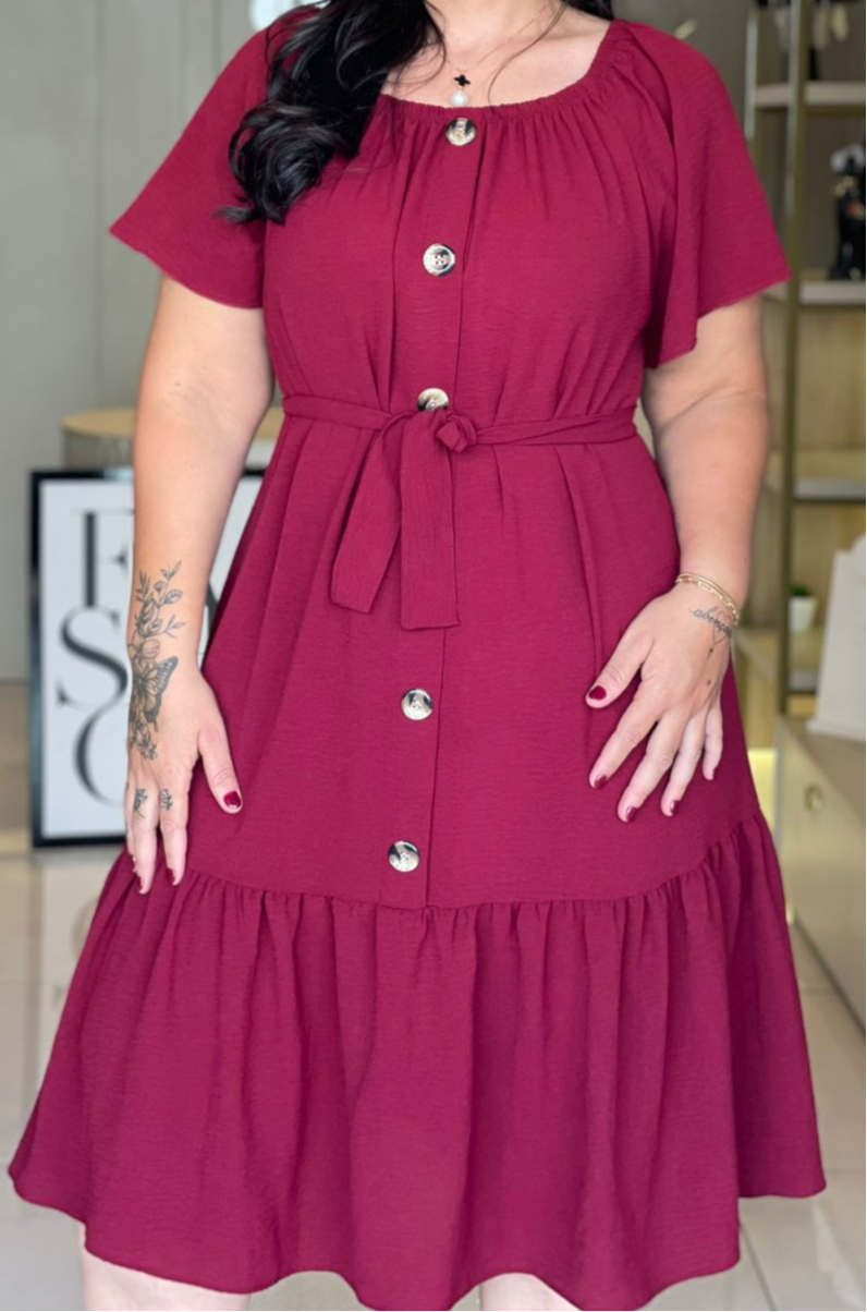 VESTIDO MIDI BORDÔ COM BOTÕES E CINTO FAIXA